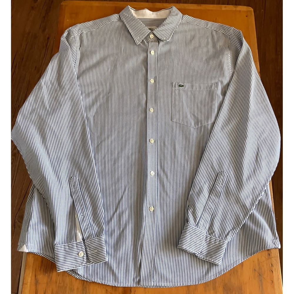 NWOT Vintage Lacoste Button Down Shirt Mens XL 44 Blue White Striped Logo Pocket